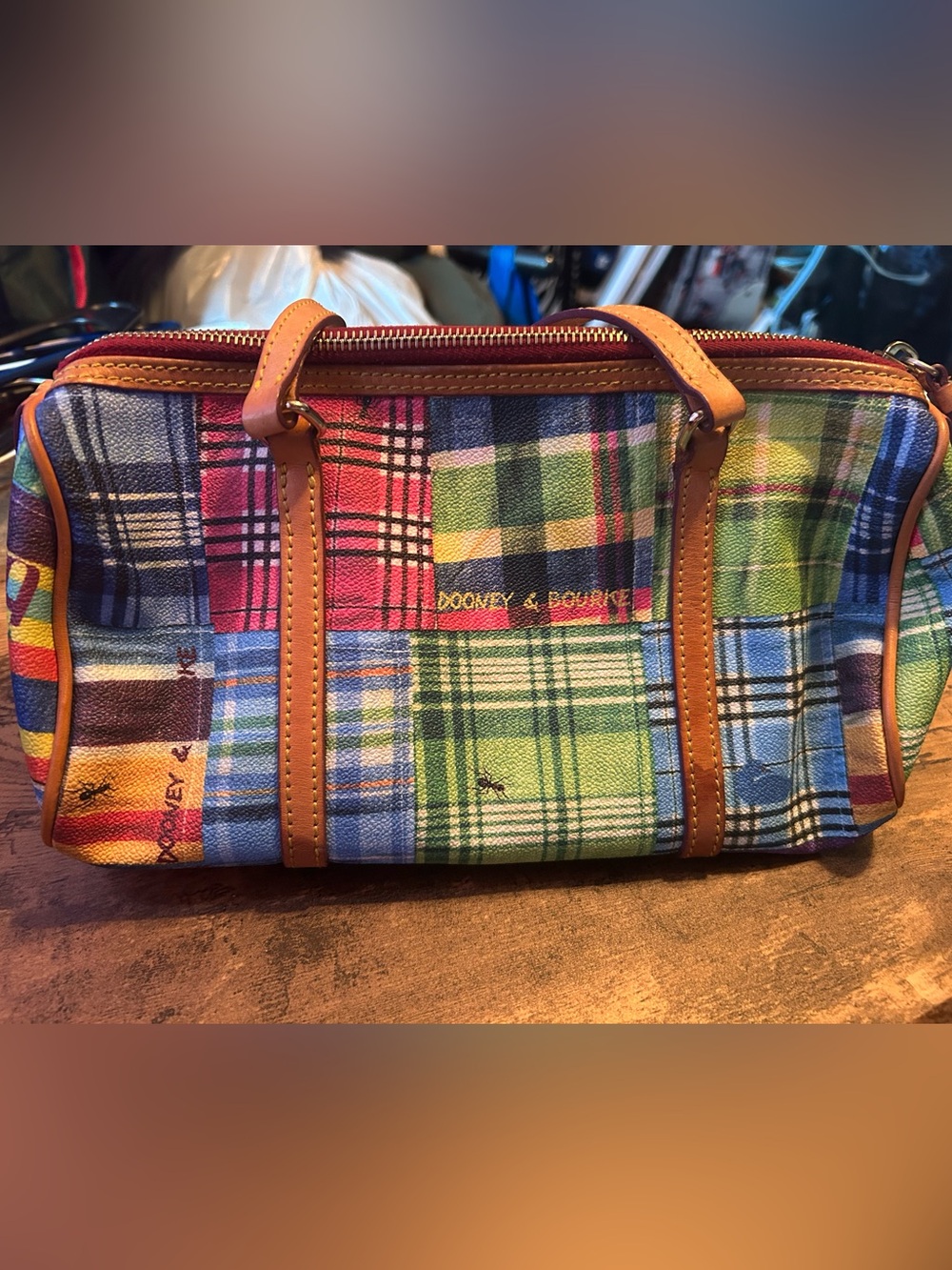 Dooney & Bourke Multicolor Plaid Toiletry Bag with Tan Trim